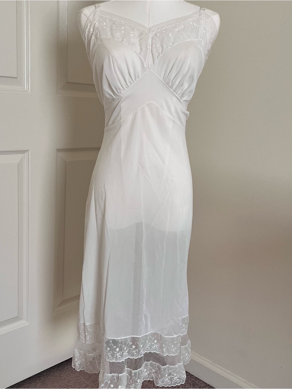 Vintage Sheer White Embroidered Lace Midi Slip Dress Womens Size L Coquette